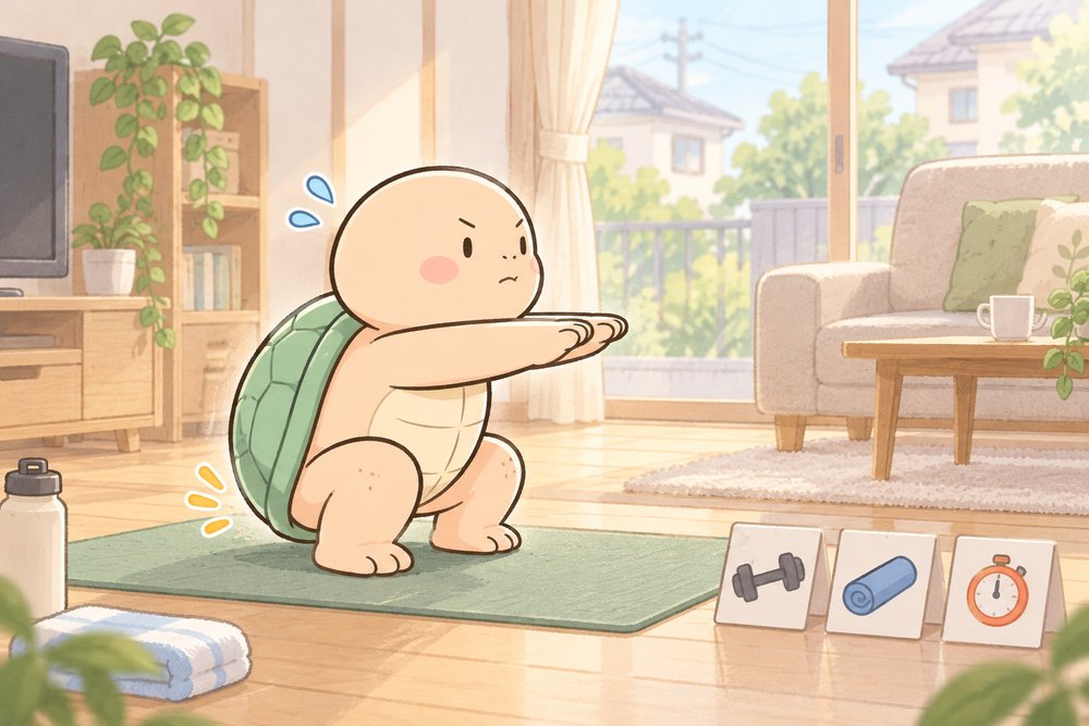 正しいフォームで自重スクワットをするナビ助