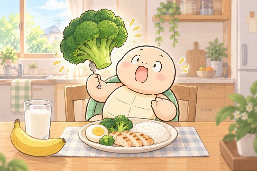 トレーニング後にたんぱく質たっぷりのごはんを食べるナビ助