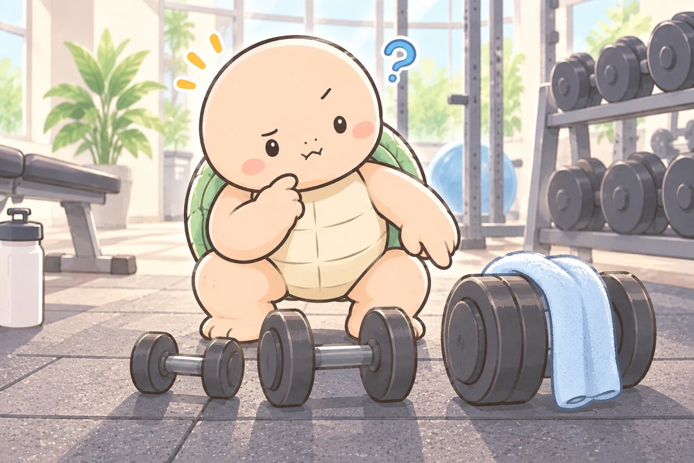 3つのダンベルを見比べるカメのナビ助