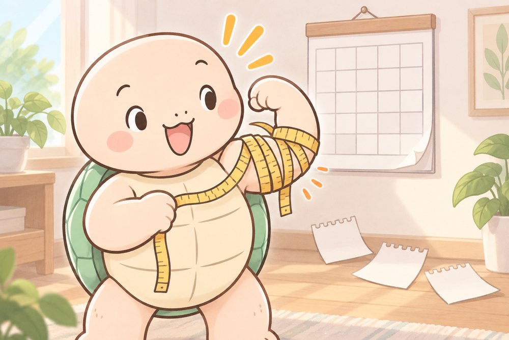 筋トレ3ヶ月で力こぶを確かめて喜ぶナビ助