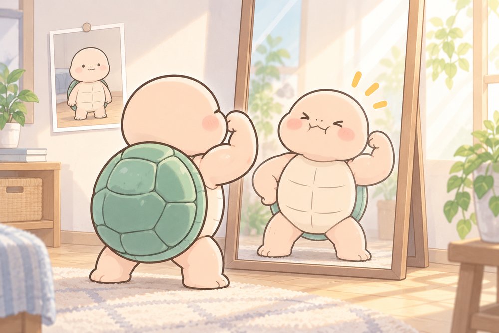 鏡の前で1年前の自分と見比べて力こぶをつくるナビ助