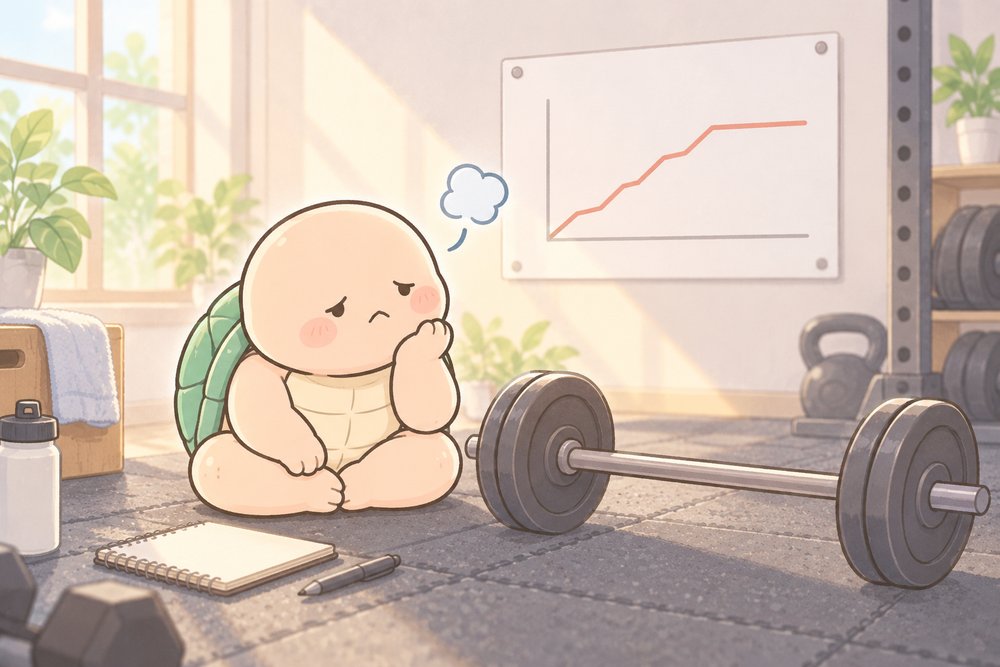 停滞期のグラフを見上げてため息をつくナビ助