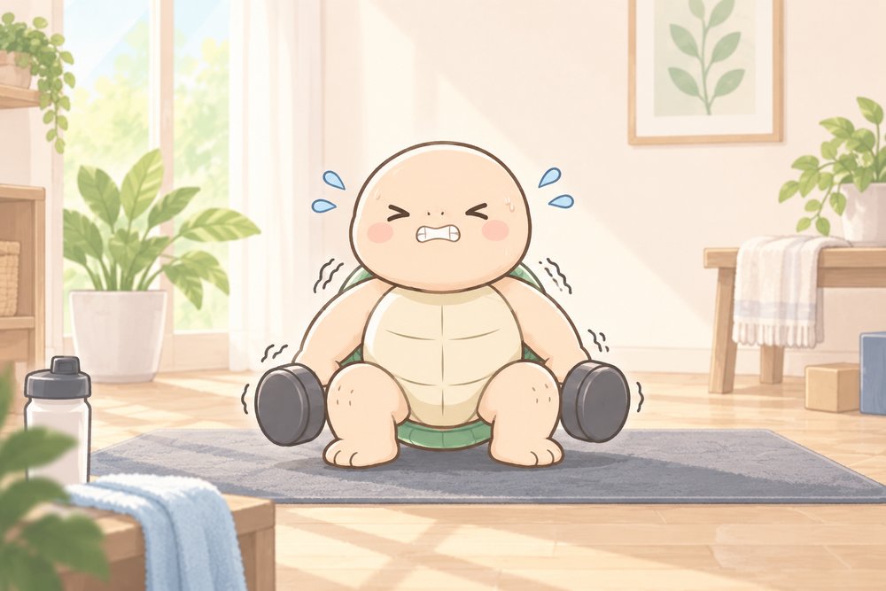 ダンベルスクワットでぷるぷる踏ん張るナビ助