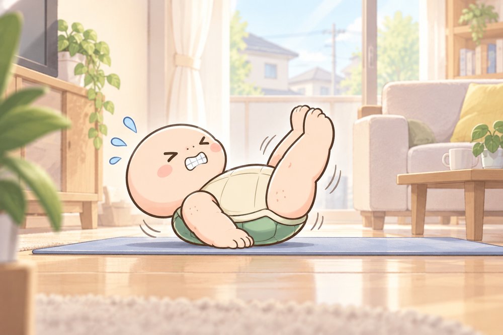 あお向けでレッグレイズをするナビ助