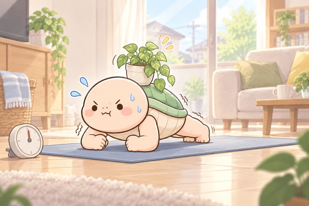 甲羅に鉢をのせたままプランクで耐えるナビ助