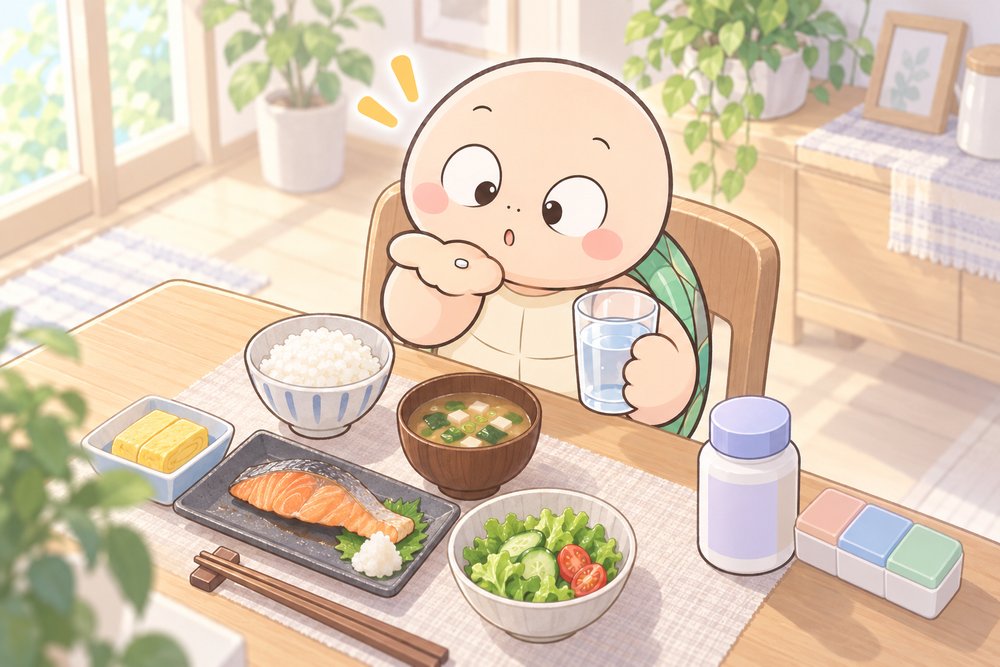 朝ごはんのあとにサプリを飲もうとするナビ助
