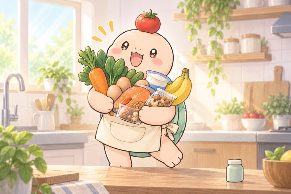 いろいろな食材を抱えて食事を大切にするナビ助